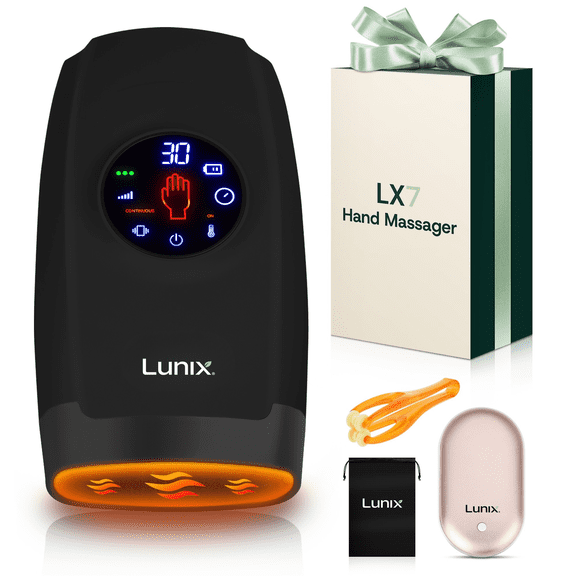 Lunix LX7 Hand Massager with Touchscreen Controls, Heat & Compression, Pressure Point Therapy, Arthritis & Carpal Tunnel Relief, Black