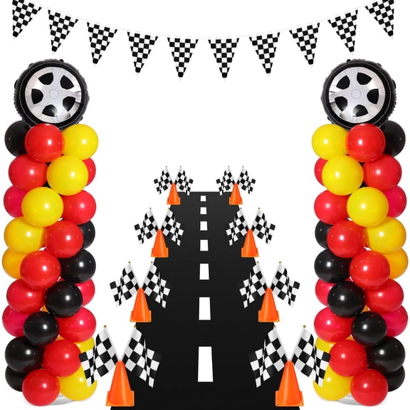 Lunmon 159 Pcs Race Car Birthday Party Decorations Includes 129 Traffic Lights Balloon Stand Set 2 Inflatable Wheel Tire 8 Traffic Cones Racing 16 Waving Flags 1 Grid String Flags 1 Racetrack A101
