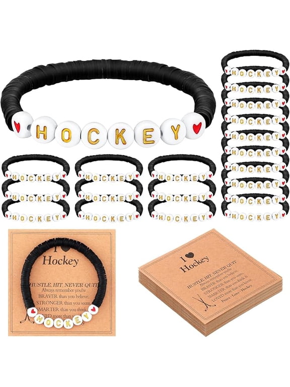 Lunmon 20 Sets Hockey Bracelets Clay Beaded Sports Bracelets with Inspirational Cards