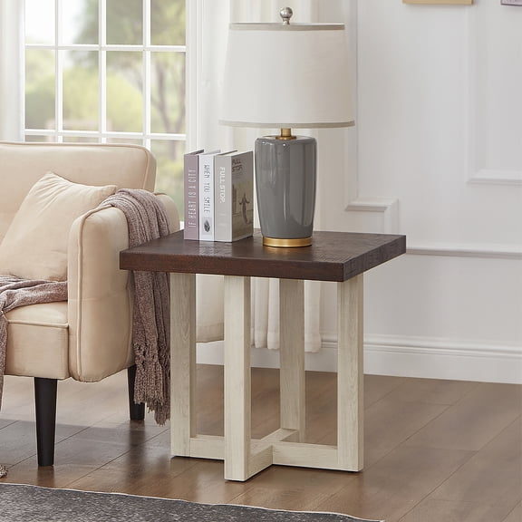 Luno Contemporary End Table, Walnut and White