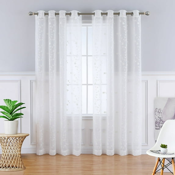 Yesurprise 2 Panels Semi Sheer Curtains, Leaf Embroidered Grommet Voile Drapes for Living Room, Bedroom, Window Treatments Curtain white 52"x84"