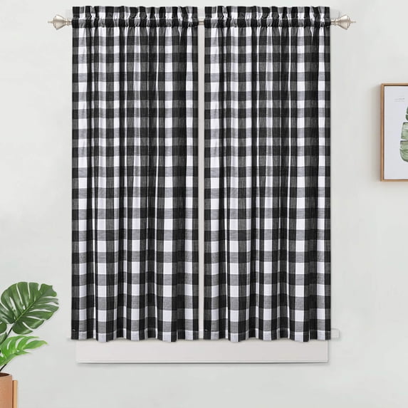 Lunsy Polyester Kitchen Thick Yarn Dyed Plaid Gingham Half Window Curtains Buffalo Check Short Window Curtain,black,28"x45"x2