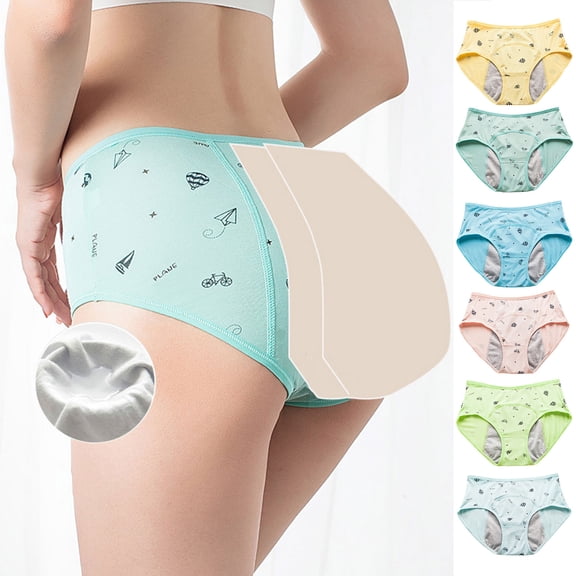 Lunuaoe Teen Girls Menstrual Period Panties, Leak-Proof Cotton Underwear, Cute Print Mid Waist Briefs with Back Coverage
