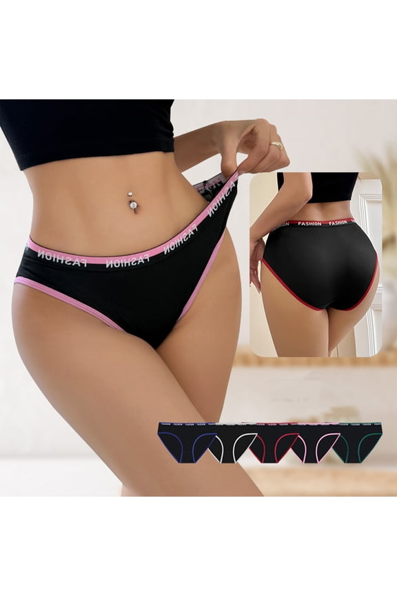Lunuaoe Women's "FASHION" Letter Waistband Briefs, Sporty Contrast Trim Panties, Soft Cotton Bikini Underwear