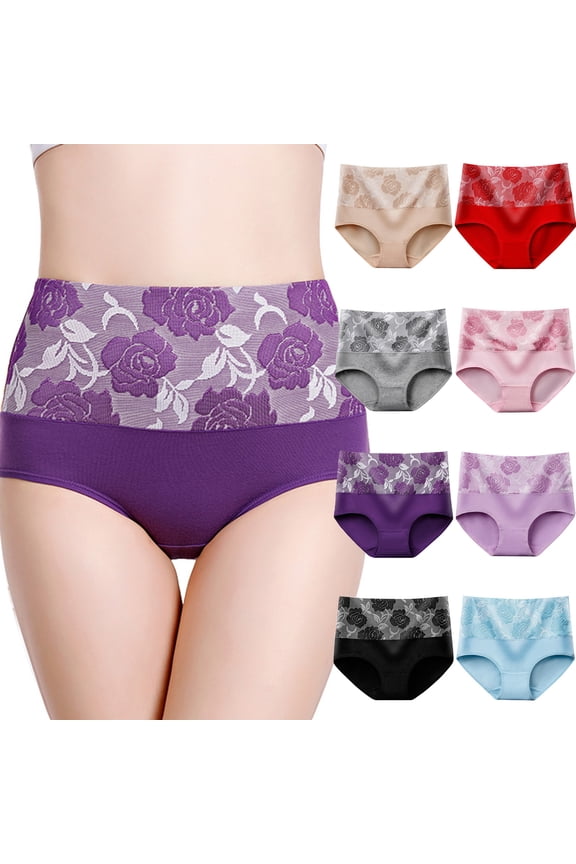 Lunuaoe Women's High Waist Tummy Control Panties, Floral Jacquard Abdominal Shaping Underwear, Soft Hip Lifting Briefs