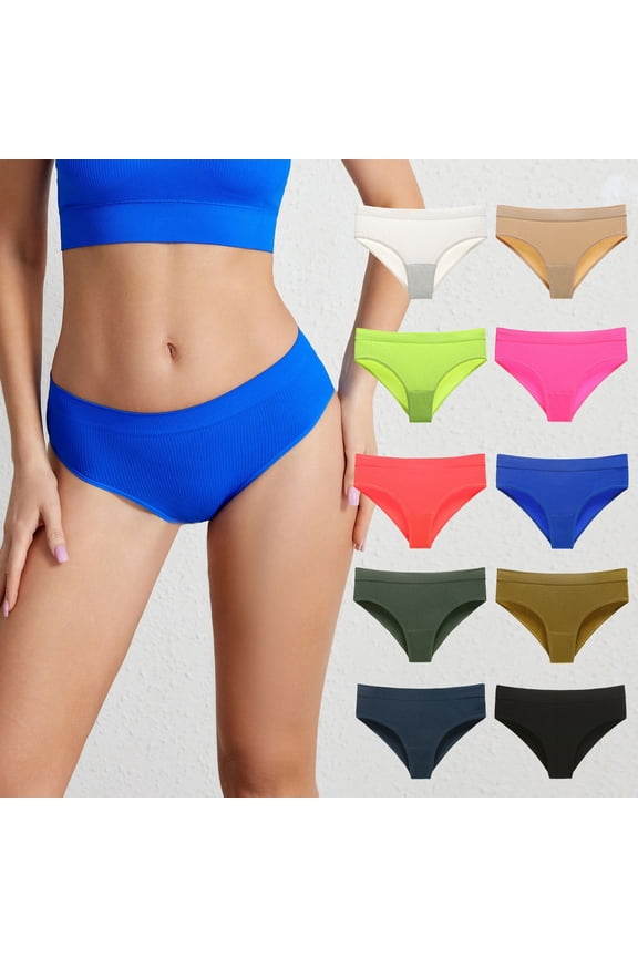 Lunuaoe Women's Ribbed Seamless Bikini Briefs, Low Waist Cotton Crotch Underwear, Soft Threaded Solid Color Panties