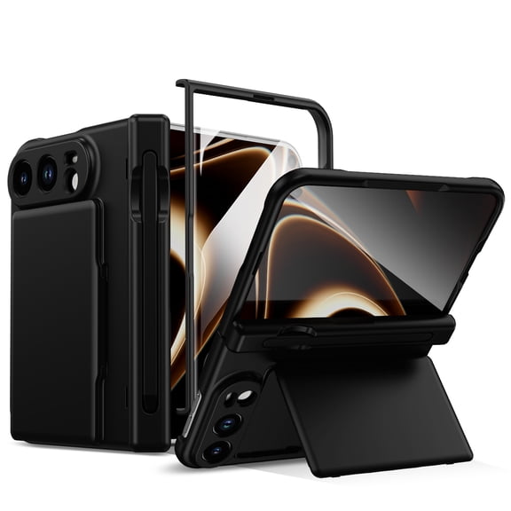 Lunvic Case for Apple iPhone Duo, Built-in Screen Protector, Stylus Pen with Slot, 2 Card Holder Wallet Kickstand, Auto Retract Hinge Shockproof Cover, Black