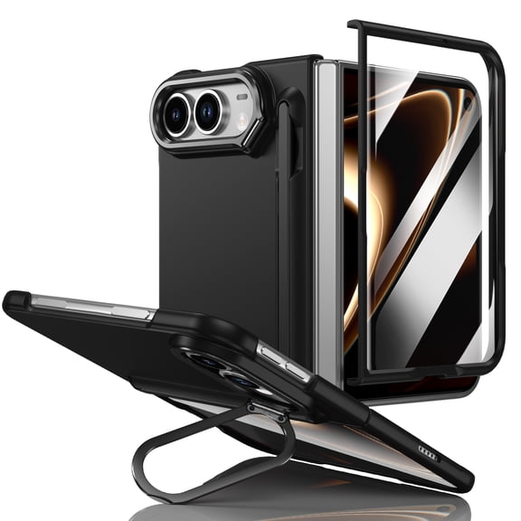 Lunvic Case for Apple iPhone Duo, Heavy-Duty Folding Cover with Touch Stylus Pen Slot, Metal Camera Kickstand and Glass Screen Shield Armor Bumper, Black