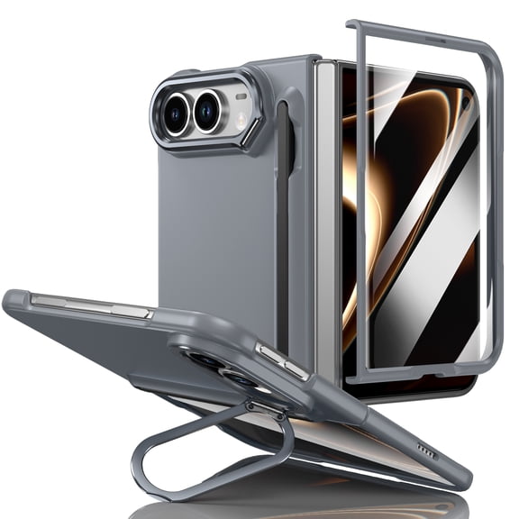 Lunvic Case for Apple iPhone Duo, Heavy-Duty Folding Cover with Touch Stylus Pen Slot, Metal Camera Kickstand and Glass Screen Shield Armor Bumper, Gray