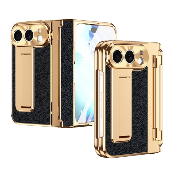 Lunvic Case for Apple iPhone Duo, Luxury Electroplated Leather Hinge Protection Cover with Built-In Screen Protector and Hidden Kickstand, G