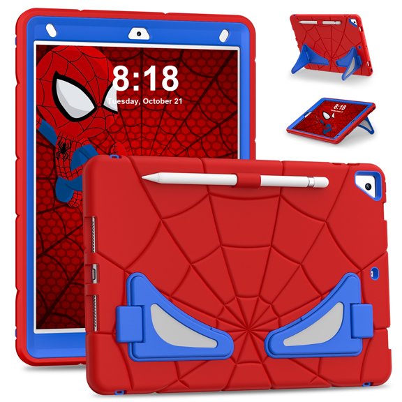 Lunvic Case for iPad 9th/8th/7th Generation, Spider Web Dual Kickstand Kids Heavy Duty Rugged Shockproof Full Body Tablet Cover, Silicone PC, D