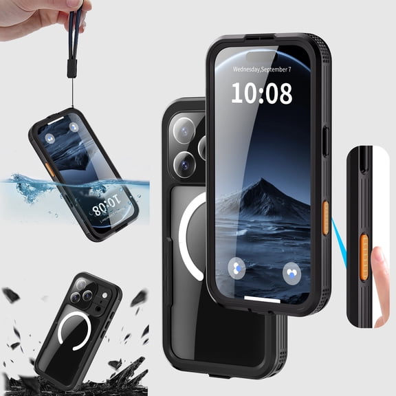 Lunvic Case for iPhone 17 Pro, IP68 Waterproof Magnetic Full Body Cover with Built-in Screen Shield, Camera Protection and Lanyard Strap Armor, Black