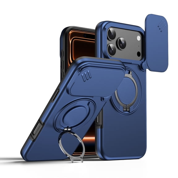 Lunvic Case for iPhone 17 Pro with Integrated Camera Cover, 360 Rotatable Ring Kickstand Magnetic Shockproof PC and TPU Protective Back Cover, Blue