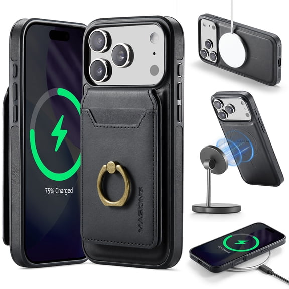 Lunvic Case for iPhone 18 Pro Compatible with MagSafe, 2-in-1 Detachable RFID Wallet 5 Card Slots Ring Kickstand Leather Shockproof Cover, Black