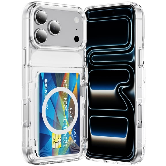 Lunvic Case for iPhone 18 Pro Compatible with MagSafe, Clear Card Holder Kickstand Shockproof Heavy Duty PC and TPU Protective Back Cover, White