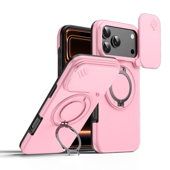 Lunvic Case for iPhone 18 Pro with Integrated Camera Cover, 360 Rotatable Ring Kickstand Magnetic Shockproof PC and TPU Protective Back Cover, Pink