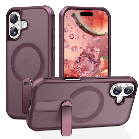 Lunvic Case for iPhone 17 with Built-in Magnetic Ring Kickstand, Fast Wireless Charging Shock-Resistant Frosted Matte Hard Back Slim Protective Cover, Winered