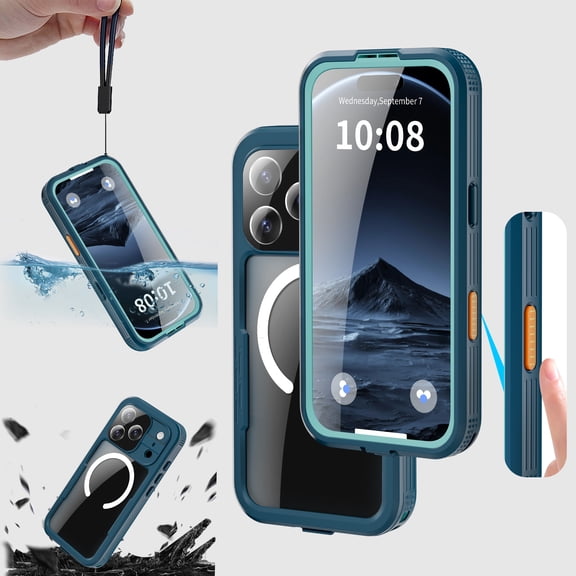 Lunvic Case for iPhone 18 Pro, IP68 Waterproof Magnetic Full Body Cover with Built-in Screen Shield, Camera Protection and Lanyard Strap Armor, Grassblue