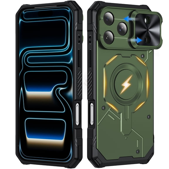 Lunvic Case for iPhone 18 Pro Max Compatible with MagSafe, Built-in Camera Cover Heavy Duty Dual Layer PC and TPU Shockproof Rugged Protective Cover with Non-Slip Grip, Armygreen