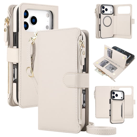 Lunvic Case for iPhone 18 Pro Max Compatible with MagSafe, Split 2-in-1 Magnetic PU Leather Flip Purse Cover with RFID Protected Card Pockets, Zipper Bill Slot, and Crossbody Strap, Apricot
