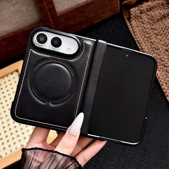 Lunvic Folding Case for Apple iPhone Duo, Compatible with MagSafe, Retro PU Leather Hard PC Protective Cover with Magnetic Charging Alignment, Black