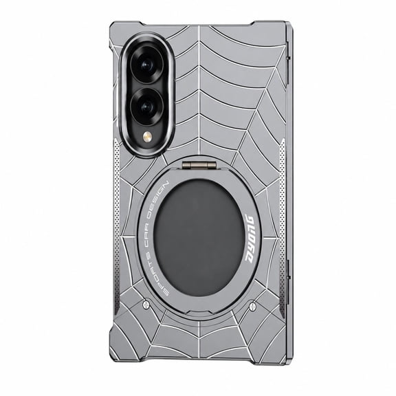 Lunvic Metal Case for Samsung Galaxy Z Fold8, Cyber Spider Pattern Mechanical Phone Cover, Magnetic Ring Kickstand, Full Hinge Protection, Gray