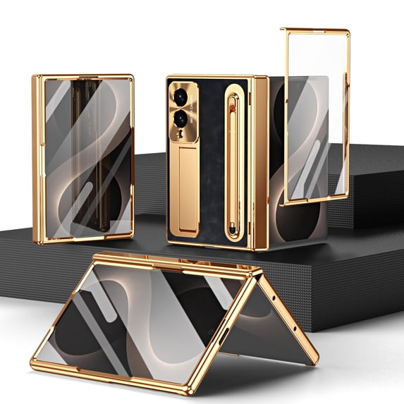 Lunvic PU Leather Case for Samsung Galaxy Z Fold 8 with Stylus Pen Holder Kickstand Metal Lens Cover Built-in Glass Screen Protector, A