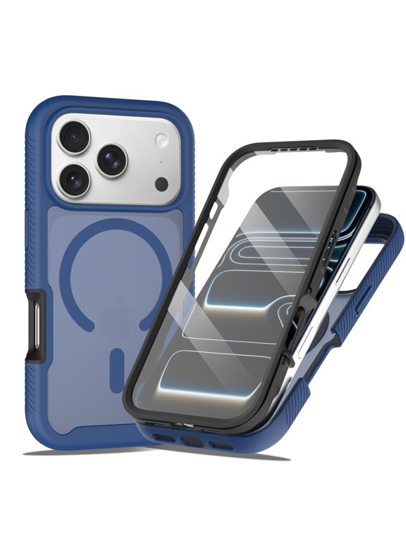 Phone Case for iPhone 18 Pro Max, Matte Translucent Magnetic PC TPU Cover with Built-in Screen Protector Heavy Duty Bumper, Blue
