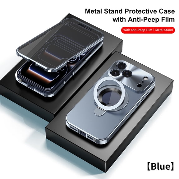 Lunvic Phone Case for iPhone 18 Pro, Metallic Matte PC Cover with Built-in Privacy Screen Protector 0-150° Ring Kickstand Magnetic Charging, Blue