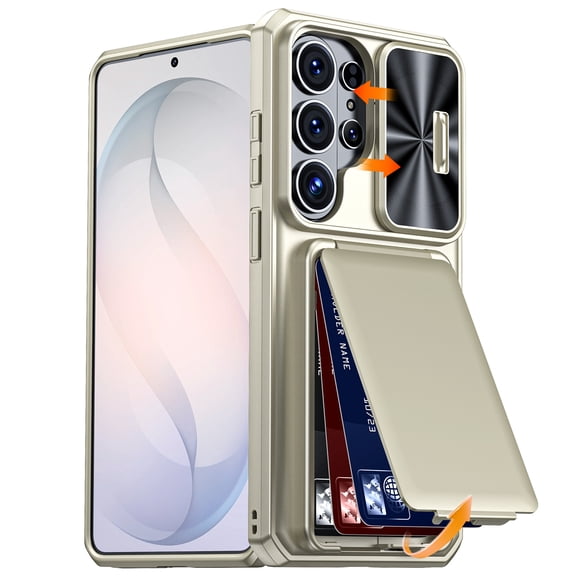Lunvic for Samsung Galaxy S26 Ultra Case, Slide Camera Cover, RFID Blocking Hidden Wallet Card Holder, Kickstand Shockproof PC TPU Cover, Titaniumgold