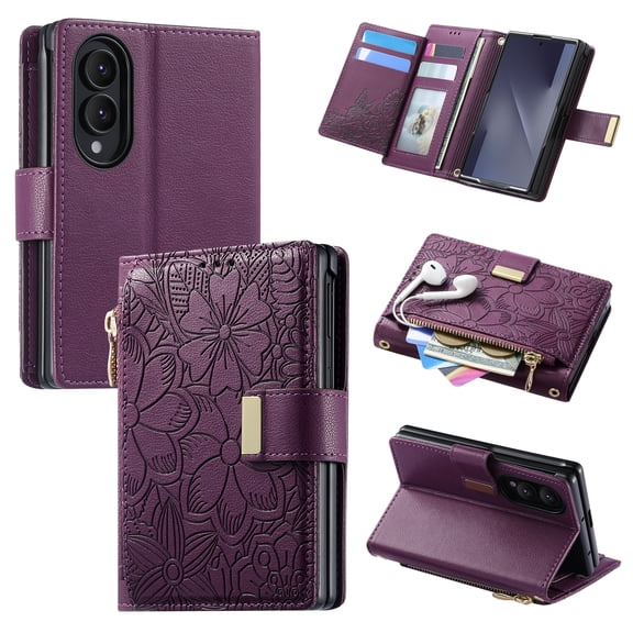 Lunvic for Samsung Galaxy Z Fold 8 Wallet Case, Folio Cover with Card Slots and Zipper Pocket, Foldable Stand, Magnetic Closure, Embossed Vegan Leather Texture, Purple
