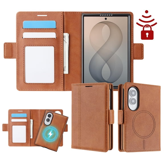 Lunvic Wallet Case for Samsung Galaxy Z Fold8, 2 in 1 Magnetic Detachable Cover, Compatible with MagSafe, RFID Blocking 3 Card Slots Cash Folio, Brown