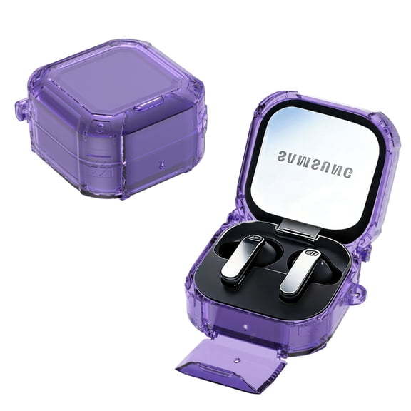 Lunvic for Samsung Galaxy Buds 4 4Pro Case, Clear Shockproof Cover with Safety Lock, Hidden Phone Stand, Cleaner Pen & Clip Included, Purple