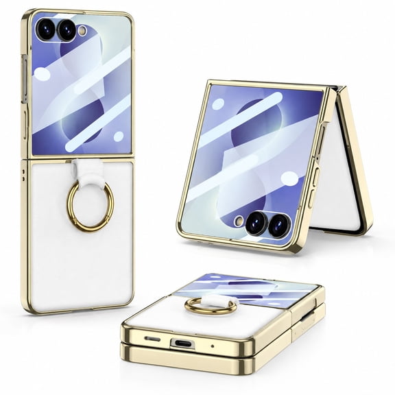 Lunvic for Samsung Galaxy Z Flip8 Case, Built-in Outer Screen Protector, Ring Kickstand, Crossbody Strap, Electroplated Frame, White
