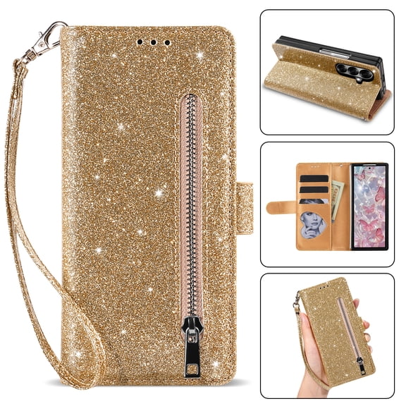 Lunvic for Samsung Galaxy Z Fold 7 Wallet Case, 3 Card Slots, Zippered Cash Pocket, Magnetic Folio with Vertical and Horizontal Stand, Gold