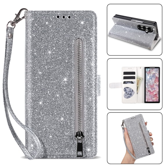 Lunvic for Samsung Galaxy Z Fold 7 Wallet Case, 3 Card Slots, Zippered Cash Pocket, Magnetic Folio with Vertical and Horizontal Stand, Silver