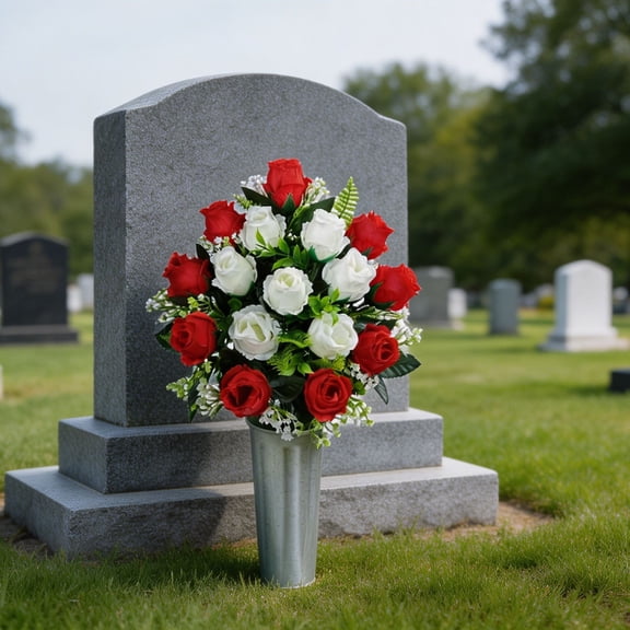 Lunxisen 1 Pcs Artificial Peacock Roses Bouquet for Cemetery Decoration Holiday Memorial Floral Arrangement Faux Outdoor Grave Flowers