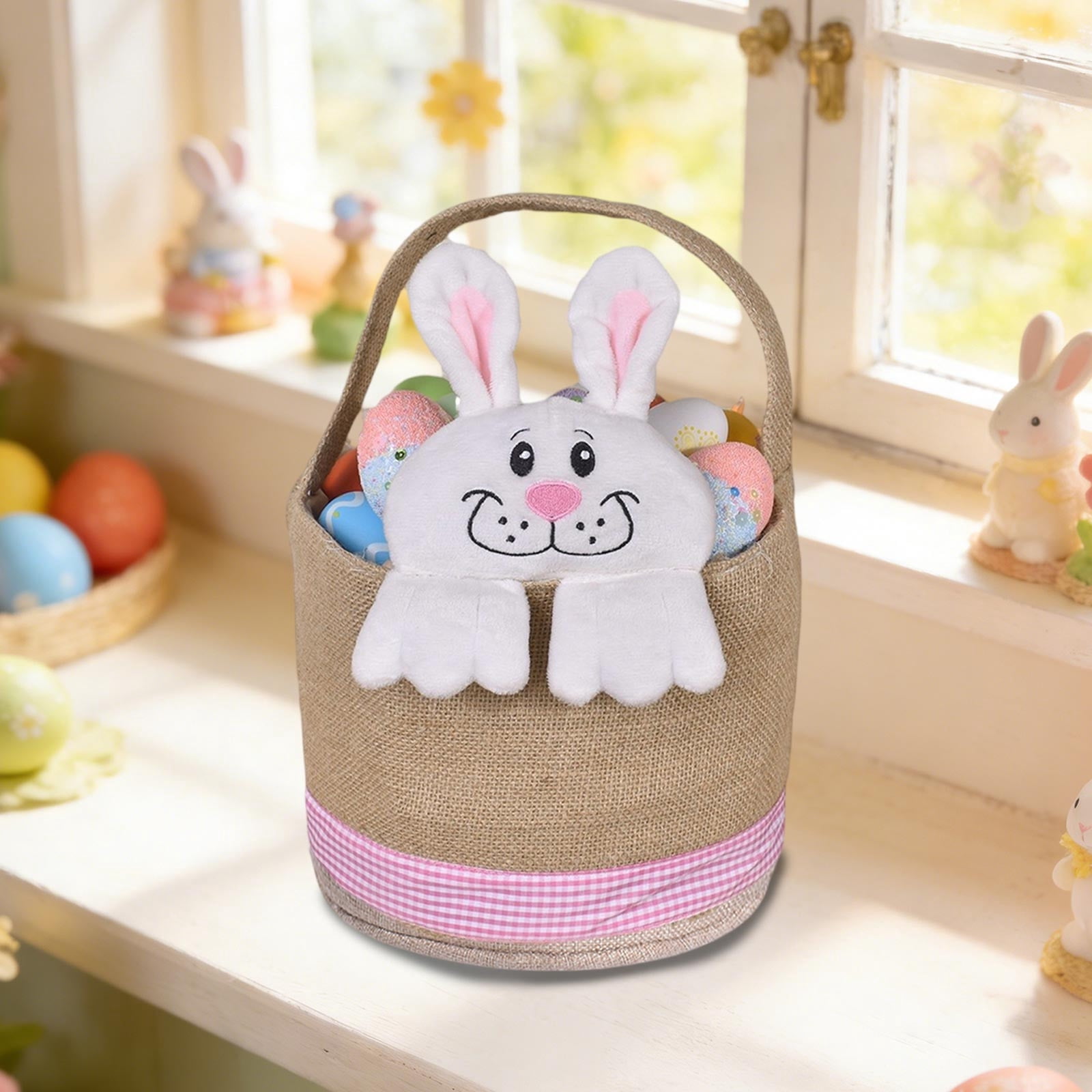 Lunxisen 1 Pcs Easter Bunny Basket Decorated Bunny Gift Basket for Easter Spring Holiday Party Home Decoration