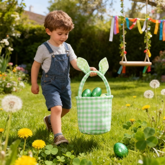 Lunxisen 1 Pcs Easter Bunny Basket Plaid Gingham Easter Buckets with Border Pleat,Cute Easter Basket Tote Easter Eggs Hunt Bag,Easter Decorations,Candy Gifts Storage