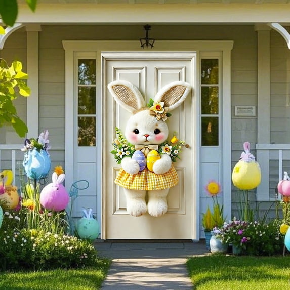 Lunxisen 1 Pcs Easter Bunny Door Cover Spring Holiday Decoration Pastel Banners for Indoor Outdoor Home Decor