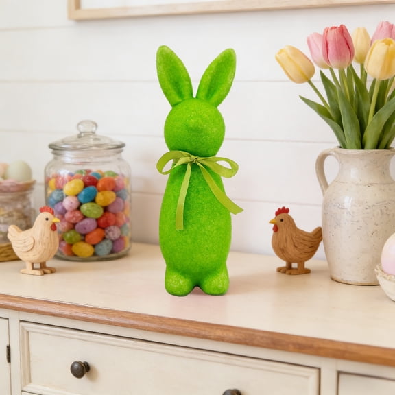 Lunxisen 1 Pcs Easter Decorations Flocked Bunnies Figurine with Bow tie Flocking Rabbit Tabletop Ornament for Easter Centerpieces for Spring Home Office Table Decor, Party Supplies.