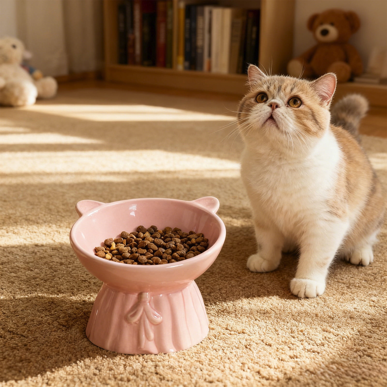 Lunxisen 1 Pcs Elevated Cat Food Bowl, Ceramic Raised and Tilted Water Bowl, Anti Vomiting and Protect Pets' Spines Dishes for Small Dog, Fat Faced Cat, Kitten