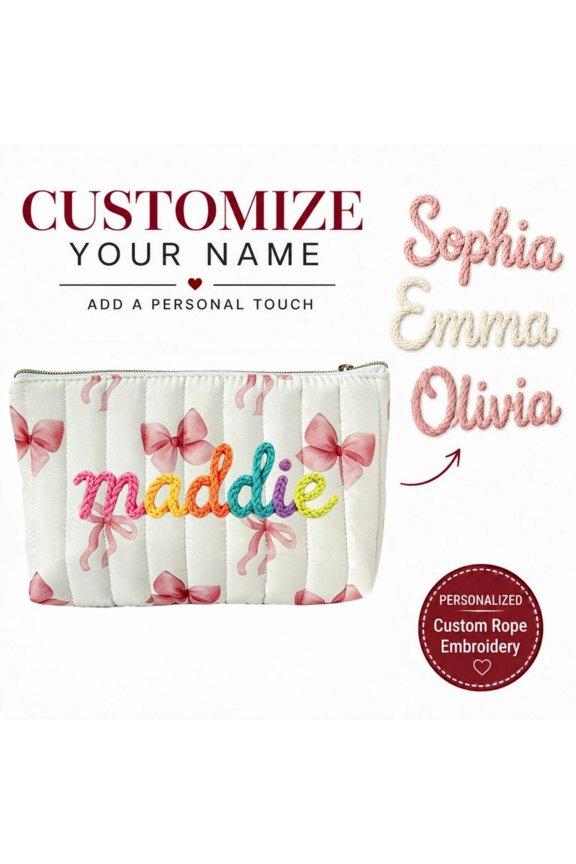 1 Pcs Personalized Floral Makeup Bag Custom Rope Embroidery Monogrammed Cosmetic Pouch Gift For Bridesmaid Travel Organizer