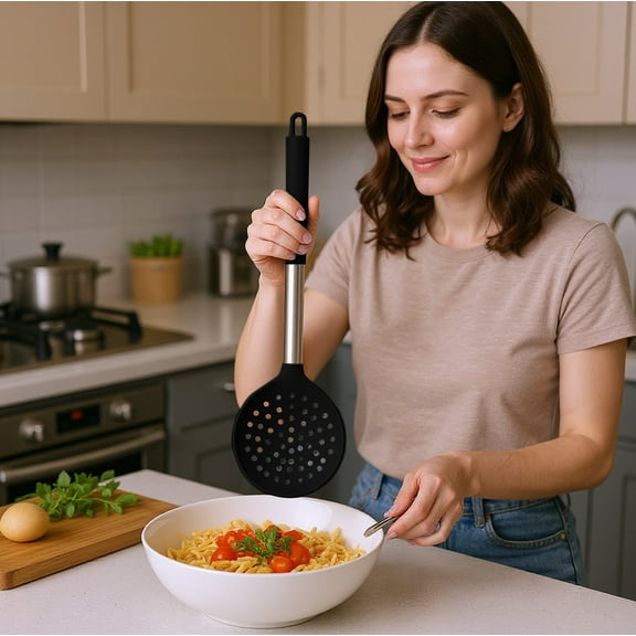 Lunxisen 1 Pcs Slotted Spoon,Stainless Steel Pasta Spider Strainer Ladle for Frying and Cooking, Frying Strainer Spoon, Kitchen Cooking Skimmer Colander