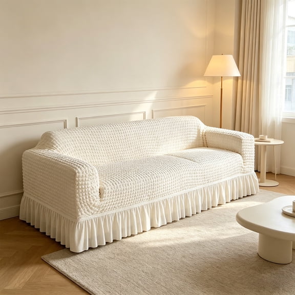 Lunxisen 1 Pcs Stretchy Textured Sofa Cover Ruffled Skirt Couch Slipcover Living Room Furniture Protector Decorative Fit