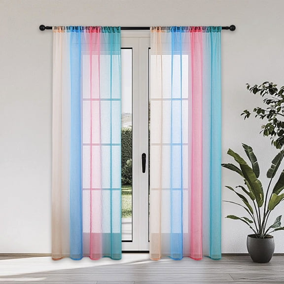 Lunxisen 1 pcs Rainbow Sheer Curtains Long Colorful Faux Linen Texture Rod Pocket Semi Sheer Gauze Voile Drapes for Kids Bedroom Playrooms Nursery(140*160cm)