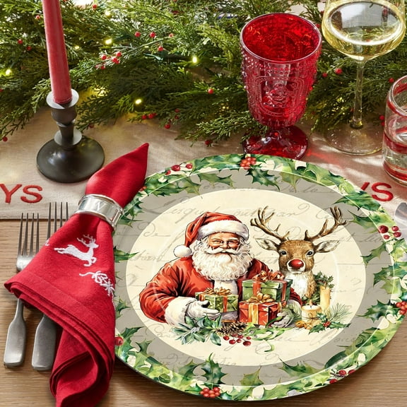 Lunxisen 10 Pcs Christmas Party Decorations And Supplies, Christmas Tree Theme Holiday Merry Xmas Table Decorations Tableware, Paper Plate, Cup, Napkin, Disposable Cutlery,