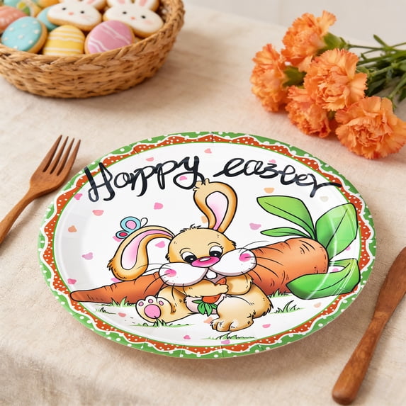 Lunxisen 10 Pcs Easter Bunny Party Plates Colorful Cartoon Design Festive Dinnerware Holiday Celebration Disposable Tableware