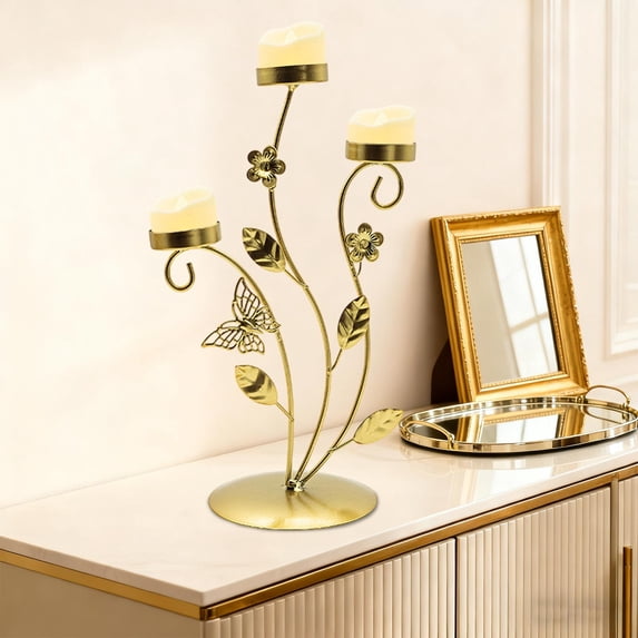 Lunxisen 2 Pcs Creative Cut Metal Flower Shaped Taper Candle Holder in Distressed Gold Finish.