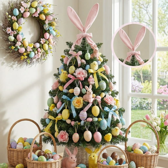 Lunxisen 2 Pcs Easter Bunny Tree Topper Holiday Home Decor Spring Party Celebration Floral Pastel Decorations